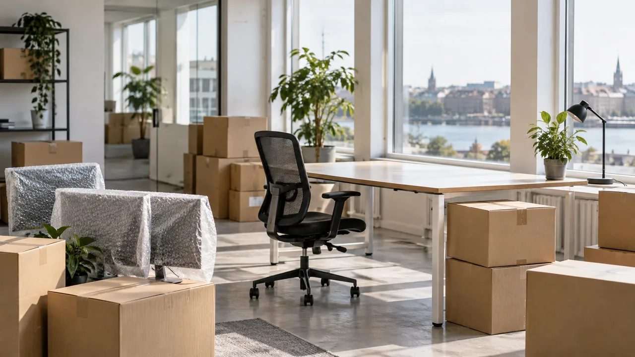 Kontor med flyttekasser og beskyttet computerudstyr